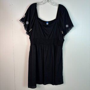 Old Navy Dress XL Black Embroidered Flutter Sleeve Square Neck Smockec Waist